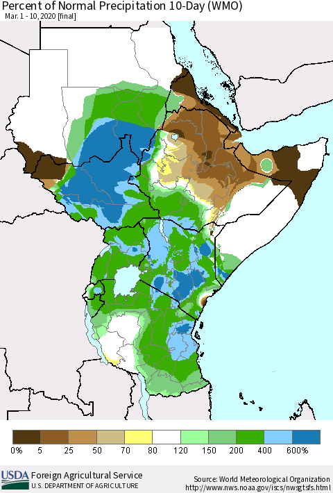 Eastern Africa Percent of Normal Precipitation 10-Day (WMO) Thematic Map For 3/1/2020 - 3/10/2020