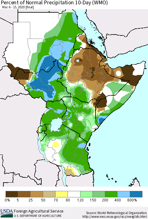 Eastern Africa Percent of Normal Precipitation 10-Day (WMO) Thematic Map For 3/6/2020 - 3/15/2020