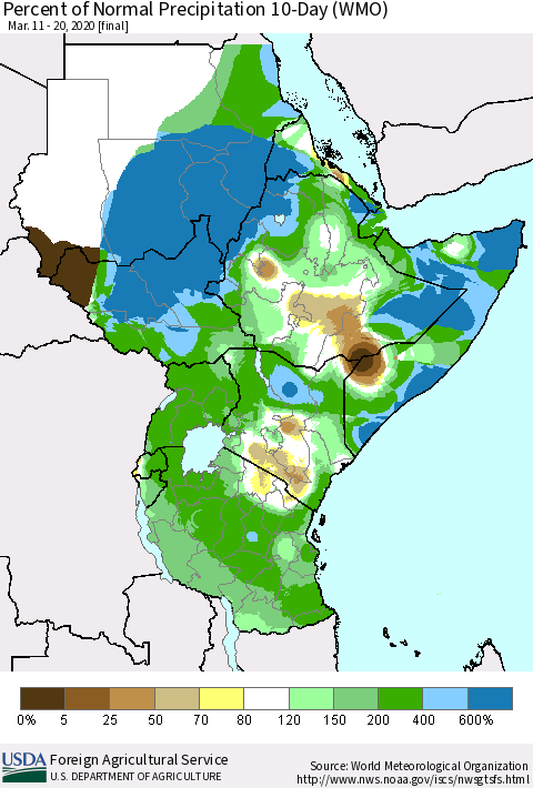 Eastern Africa Percent of Normal Precipitation 10-Day (WMO) Thematic Map For 3/11/2020 - 3/20/2020
