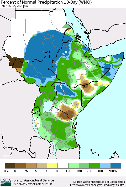 Eastern Africa Percent of Normal Precipitation 10-Day (WMO) Thematic Map For 3/16/2020 - 3/25/2020