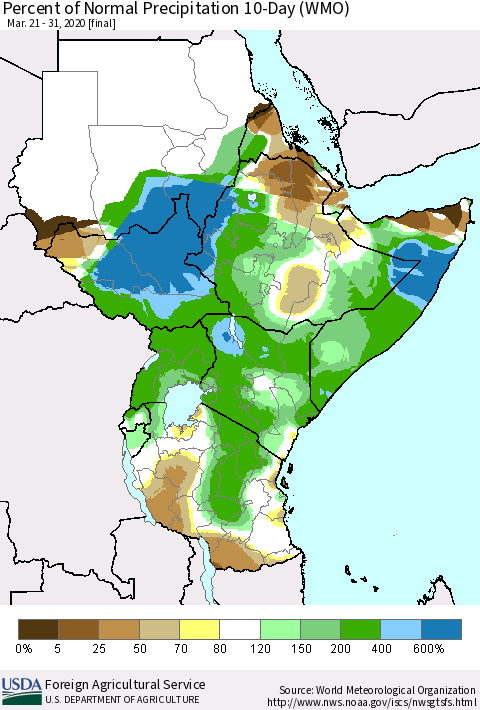 Eastern Africa Percent of Normal Precipitation 10-Day (WMO) Thematic Map For 3/21/2020 - 3/31/2020