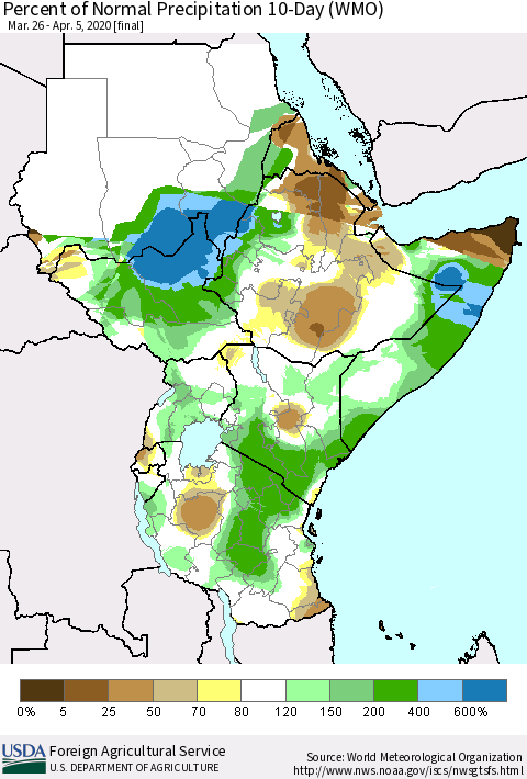 Eastern Africa Percent of Normal Precipitation 10-Day (WMO) Thematic Map For 3/26/2020 - 4/5/2020