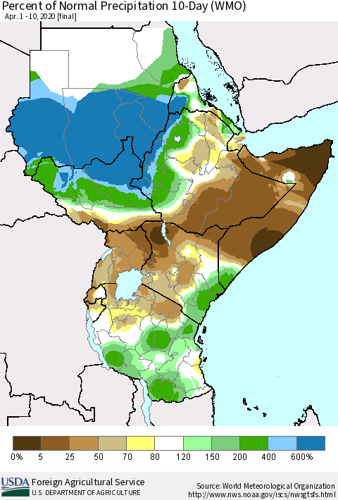 Eastern Africa Percent of Normal Precipitation 10-Day (WMO) Thematic Map For 4/1/2020 - 4/10/2020