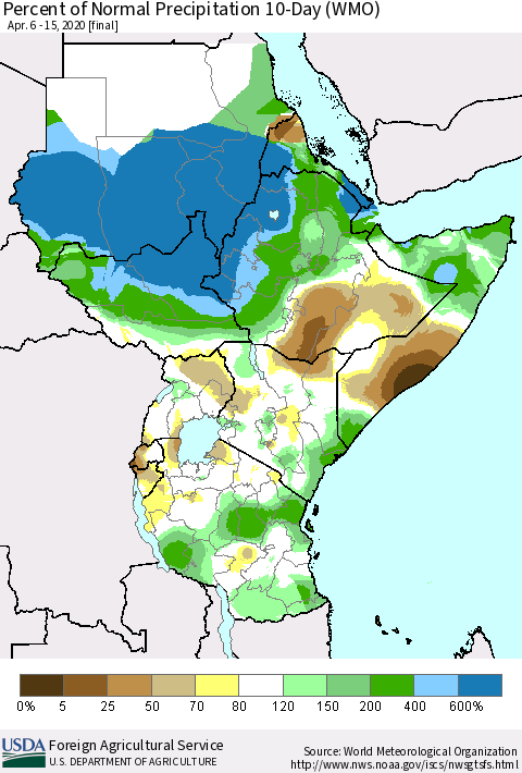 Eastern Africa Percent of Normal Precipitation 10-Day (WMO) Thematic Map For 4/6/2020 - 4/15/2020