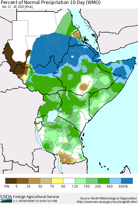 Eastern Africa Percent of Normal Precipitation 10-Day (WMO) Thematic Map For 4/11/2020 - 4/20/2020