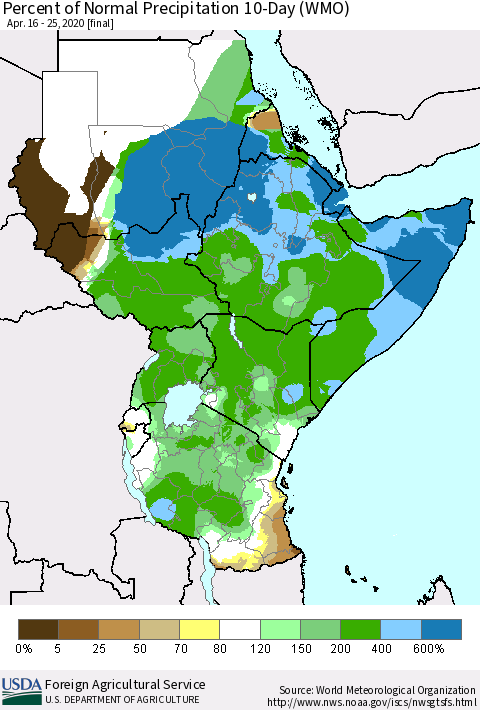 Eastern Africa Percent of Normal Precipitation 10-Day (WMO) Thematic Map For 4/16/2020 - 4/25/2020