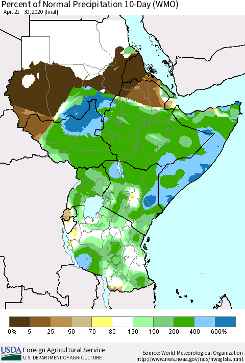 Eastern Africa Percent of Normal Precipitation 10-Day (WMO) Thematic Map For 4/21/2020 - 4/30/2020