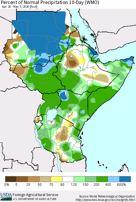 Eastern Africa Percent of Normal Precipitation 10-Day (WMO) Thematic Map For 4/26/2020 - 5/5/2020