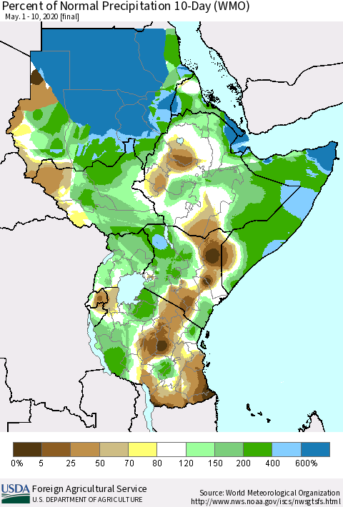 Eastern Africa Percent of Normal Precipitation 10-Day (WMO) Thematic Map For 5/1/2020 - 5/10/2020
