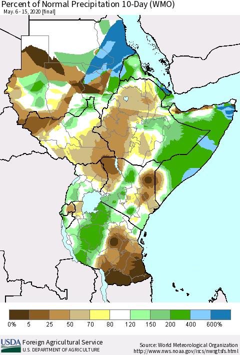 Eastern Africa Percent of Normal Precipitation 10-Day (WMO) Thematic Map For 5/6/2020 - 5/15/2020