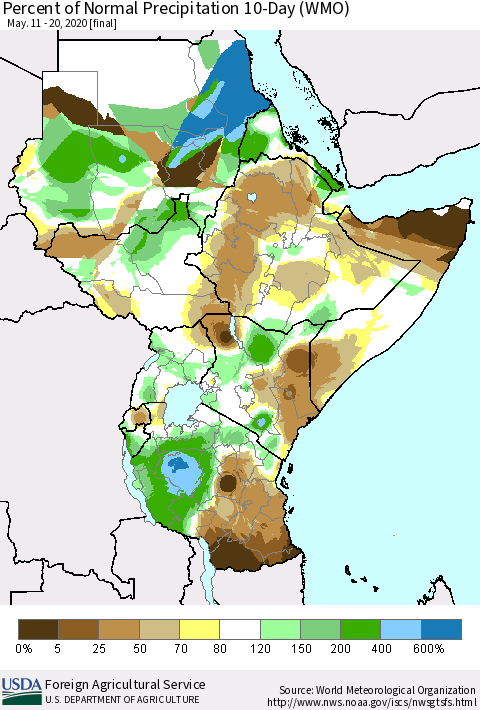 Eastern Africa Percent of Normal Precipitation 10-Day (WMO) Thematic Map For 5/11/2020 - 5/20/2020