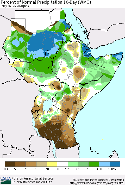 Eastern Africa Percent of Normal Precipitation 10-Day (WMO) Thematic Map For 5/16/2020 - 5/25/2020