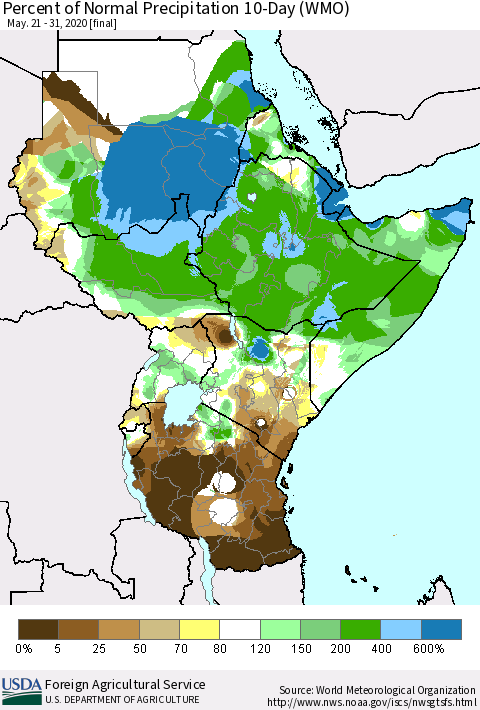 Eastern Africa Percent of Normal Precipitation 10-Day (WMO) Thematic Map For 5/21/2020 - 5/31/2020