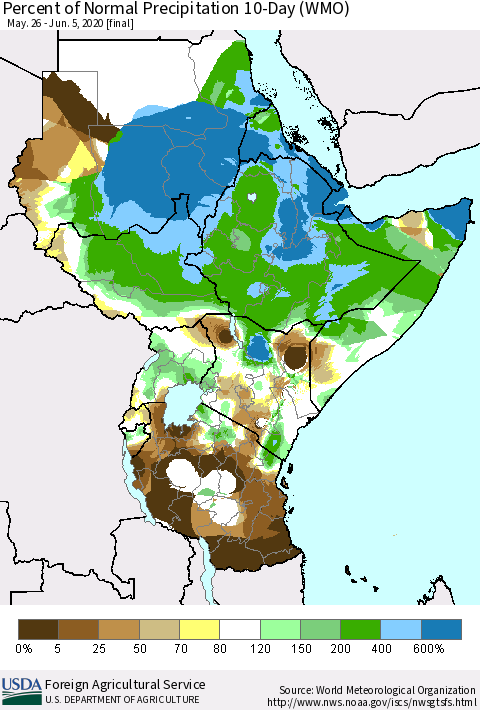 Eastern Africa Percent of Normal Precipitation 10-Day (WMO) Thematic Map For 5/26/2020 - 6/5/2020