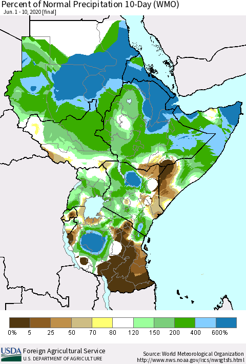 Eastern Africa Percent of Normal Precipitation 10-Day (WMO) Thematic Map For 6/1/2020 - 6/10/2020
