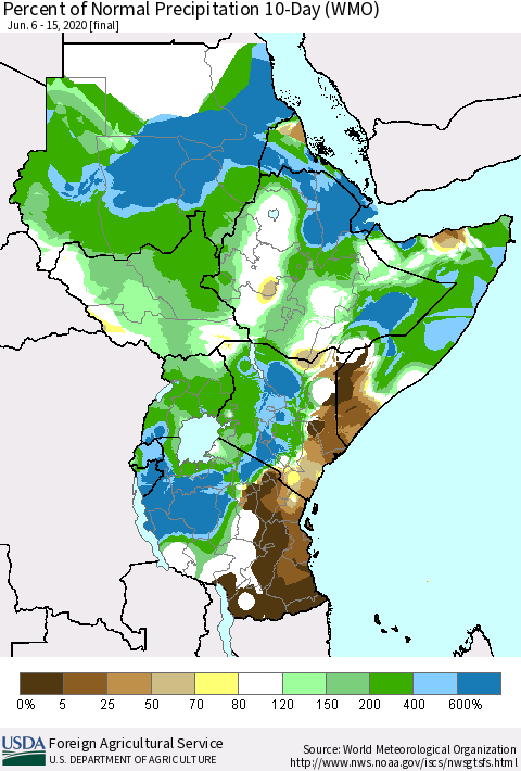 Eastern Africa Percent of Normal Precipitation 10-Day (WMO) Thematic Map For 6/6/2020 - 6/15/2020
