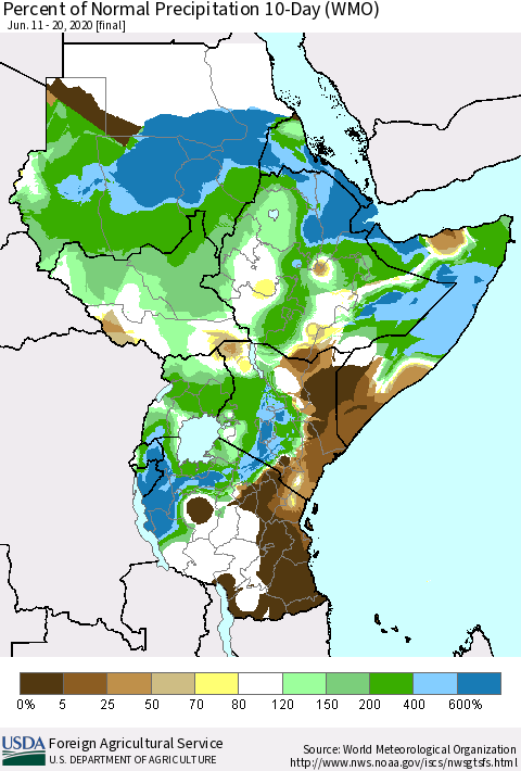 Eastern Africa Percent of Normal Precipitation 10-Day (WMO) Thematic Map For 6/11/2020 - 6/20/2020