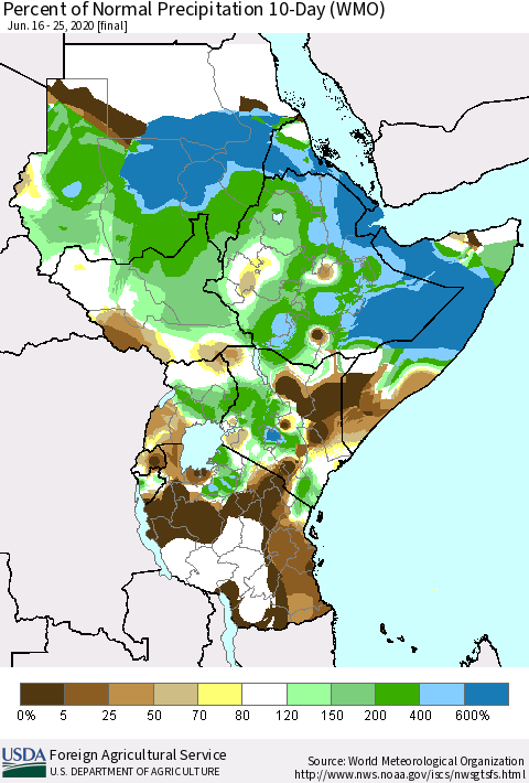 Eastern Africa Percent of Normal Precipitation 10-Day (WMO) Thematic Map For 6/16/2020 - 6/25/2020