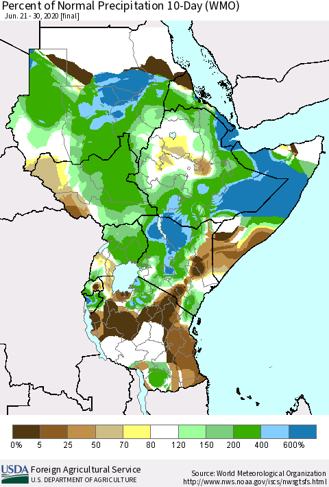 Eastern Africa Percent of Normal Precipitation 10-Day (WMO) Thematic Map For 6/21/2020 - 6/30/2020