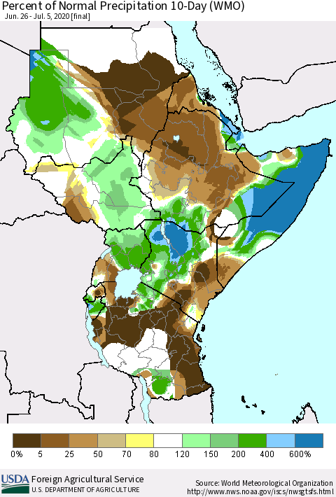 Eastern Africa Percent of Normal Precipitation 10-Day (WMO) Thematic Map For 6/26/2020 - 7/5/2020