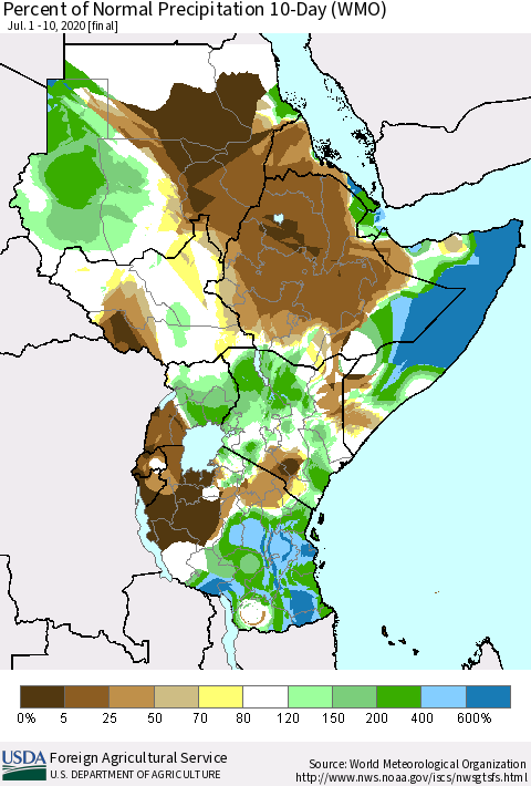 Eastern Africa Percent of Normal Precipitation 10-Day (WMO) Thematic Map For 7/1/2020 - 7/10/2020