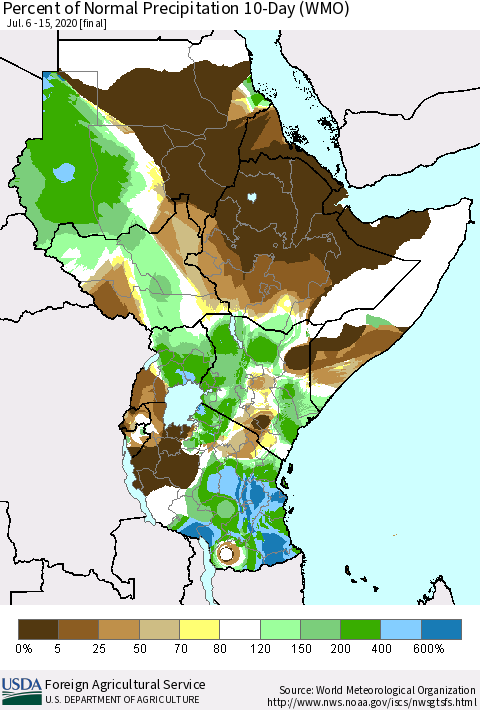 Eastern Africa Percent of Normal Precipitation 10-Day (WMO) Thematic Map For 7/6/2020 - 7/15/2020