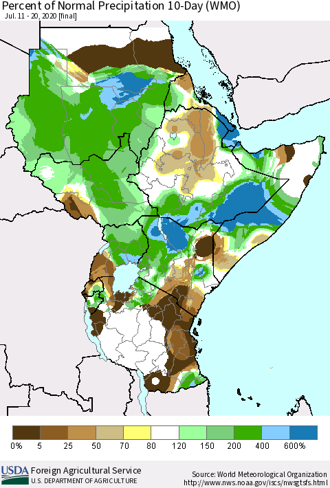 Eastern Africa Percent of Normal Precipitation 10-Day (WMO) Thematic Map For 7/11/2020 - 7/20/2020