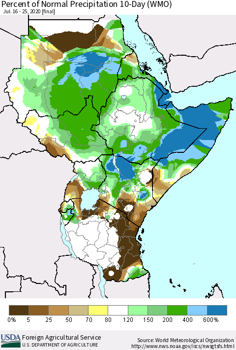 Eastern Africa Percent of Normal Precipitation 10-Day (WMO) Thematic Map For 7/16/2020 - 7/25/2020