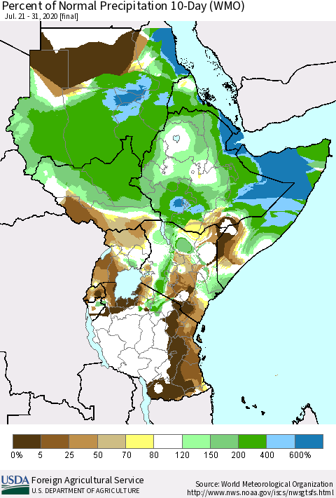 Eastern Africa Percent of Normal Precipitation 10-Day (WMO) Thematic Map For 7/21/2020 - 7/31/2020
