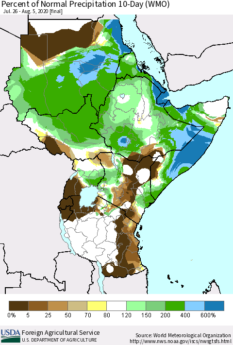 Eastern Africa Percent of Normal Precipitation 10-Day (WMO) Thematic Map For 7/26/2020 - 8/5/2020