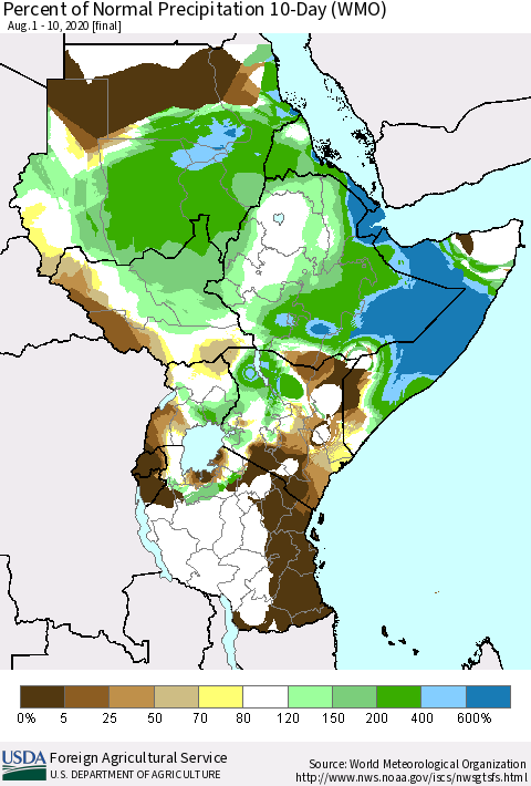 Eastern Africa Percent of Normal Precipitation 10-Day (WMO) Thematic Map For 8/1/2020 - 8/10/2020