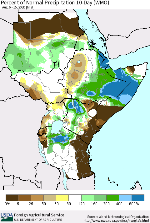 Eastern Africa Percent of Normal Precipitation 10-Day (WMO) Thematic Map For 8/6/2020 - 8/15/2020