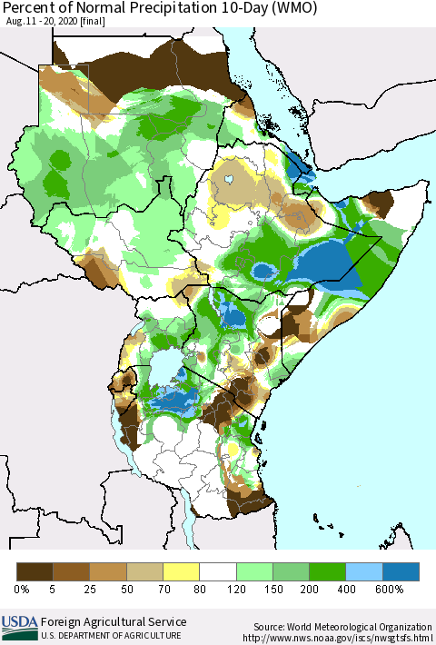 Eastern Africa Percent of Normal Precipitation 10-Day (WMO) Thematic Map For 8/11/2020 - 8/20/2020