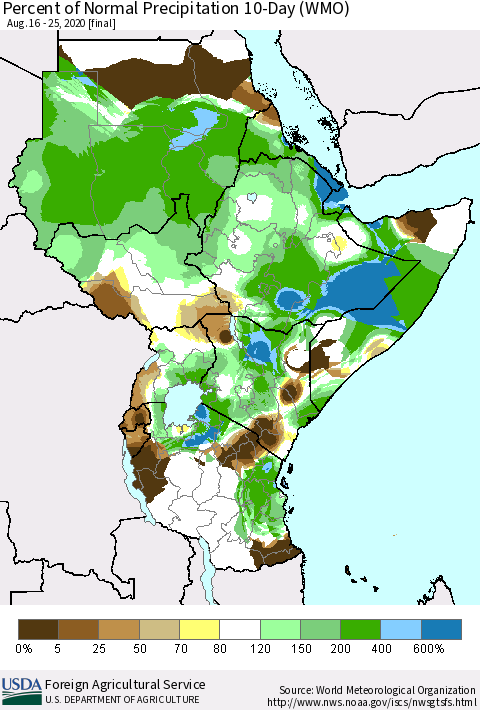 Eastern Africa Percent of Normal Precipitation 10-Day (WMO) Thematic Map For 8/16/2020 - 8/25/2020