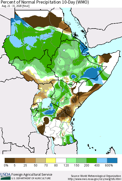 Eastern Africa Percent of Normal Precipitation 10-Day (WMO) Thematic Map For 8/21/2020 - 8/31/2020