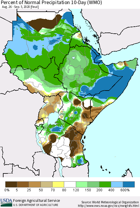Eastern Africa Percent of Normal Precipitation 10-Day (WMO) Thematic Map For 8/26/2020 - 9/5/2020