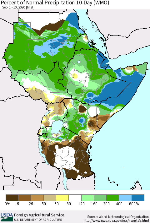 Eastern Africa Percent of Normal Precipitation 10-Day (WMO) Thematic Map For 9/1/2020 - 9/10/2020