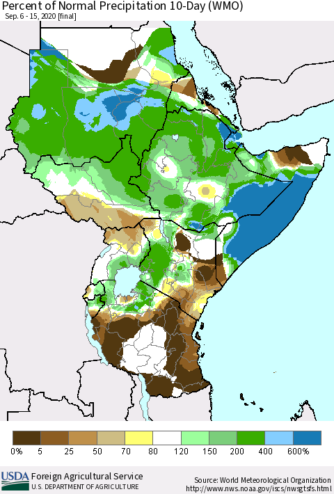 Eastern Africa Percent of Normal Precipitation 10-Day (WMO) Thematic Map For 9/6/2020 - 9/15/2020