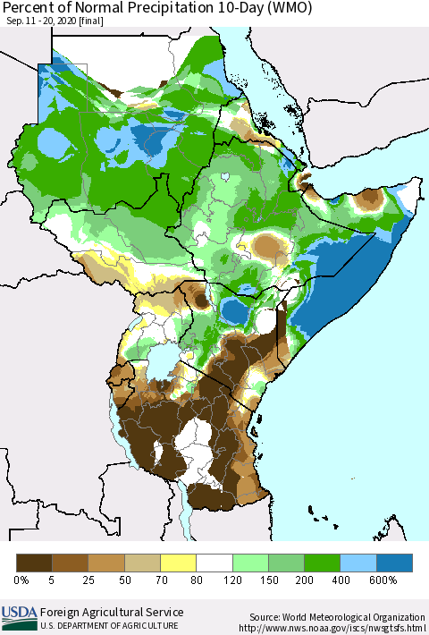 Eastern Africa Percent of Normal Precipitation 10-Day (WMO) Thematic Map For 9/11/2020 - 9/20/2020