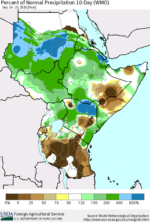 Eastern Africa Percent of Normal Precipitation 10-Day (WMO) Thematic Map For 9/16/2020 - 9/25/2020