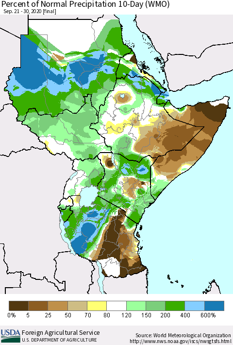 Eastern Africa Percent of Normal Precipitation 10-Day (WMO) Thematic Map For 9/21/2020 - 9/30/2020