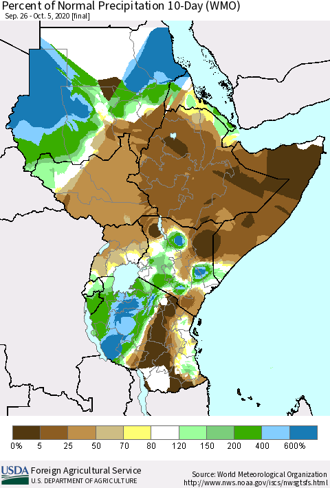 Eastern Africa Percent of Normal Precipitation 10-Day (WMO) Thematic Map For 9/26/2020 - 10/5/2020