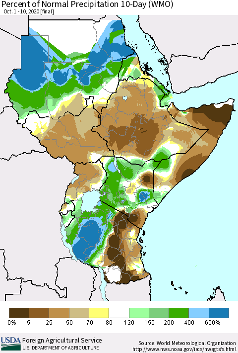 Eastern Africa Percent of Normal Precipitation 10-Day (WMO) Thematic Map For 10/1/2020 - 10/10/2020