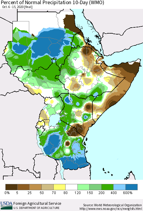 Eastern Africa Percent of Normal Precipitation 10-Day (WMO) Thematic Map For 10/6/2020 - 10/15/2020