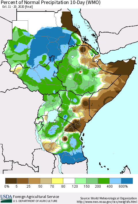 Eastern Africa Percent of Normal Precipitation 10-Day (WMO) Thematic Map For 10/11/2020 - 10/20/2020