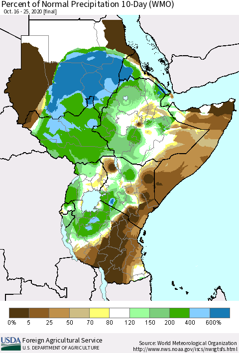 Eastern Africa Percent of Normal Precipitation 10-Day (WMO) Thematic Map For 10/16/2020 - 10/25/2020