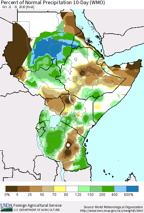 Eastern Africa Percent of Normal Precipitation 10-Day (WMO) Thematic Map For 10/21/2020 - 10/31/2020