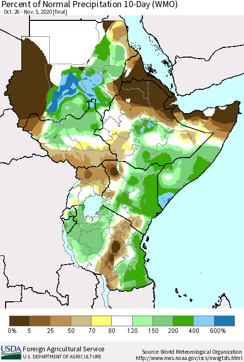 Eastern Africa Percent of Normal Precipitation 10-Day (WMO) Thematic Map For 10/26/2020 - 11/5/2020