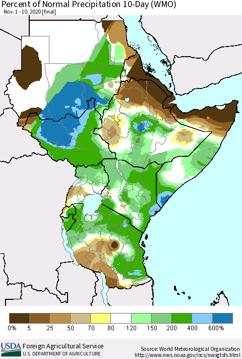 Eastern Africa Percent of Normal Precipitation 10-Day (WMO) Thematic Map For 11/1/2020 - 11/10/2020
