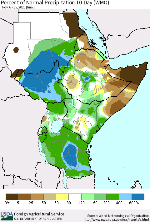 Eastern Africa Percent of Normal Precipitation 10-Day (WMO) Thematic Map For 11/6/2020 - 11/15/2020